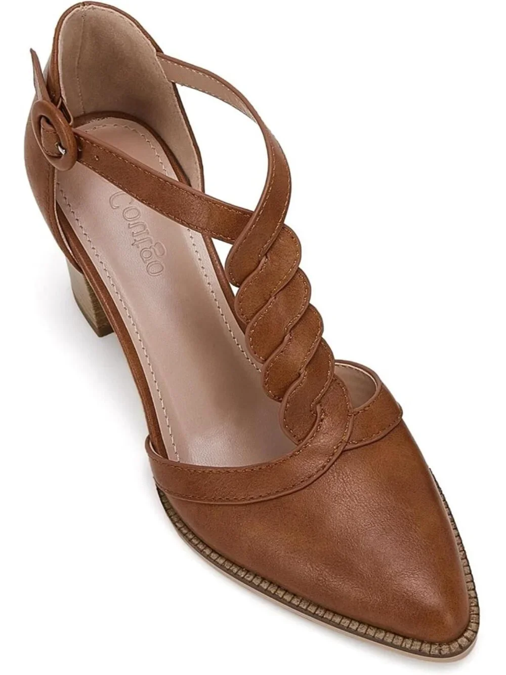Women's Brown Chunky Heels T Strap Pointed Toe Stacked Heeled Sandals Pumps